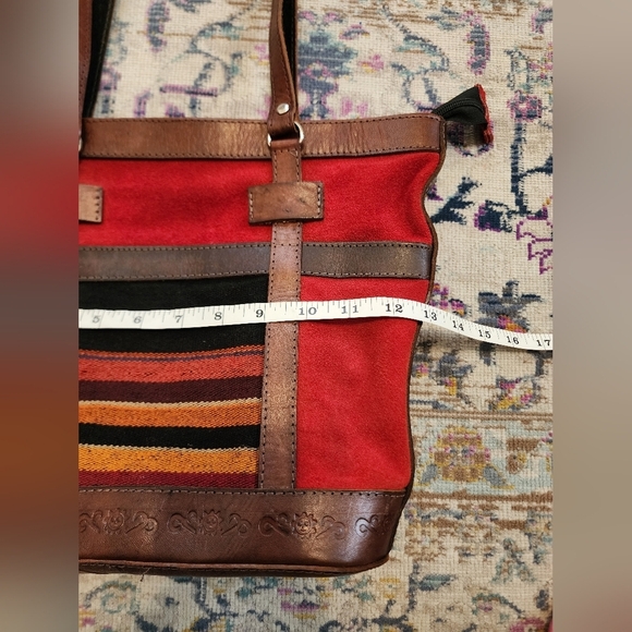 Handcraft Bolivian Red Suede & Brown 100% Leather Tote Bag - Picture 11 of 12